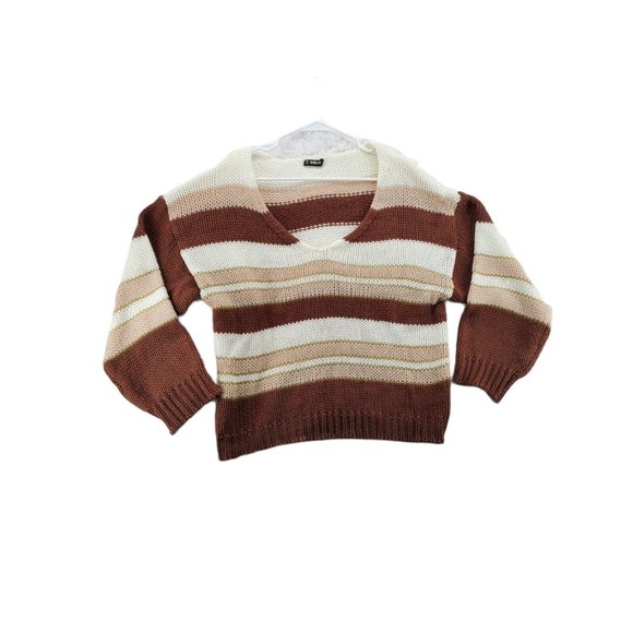 SHEILAY Sweater Women's L/S Striped Shaker Knit V-Neck Pullover Brown Large - Picture 1 of 6